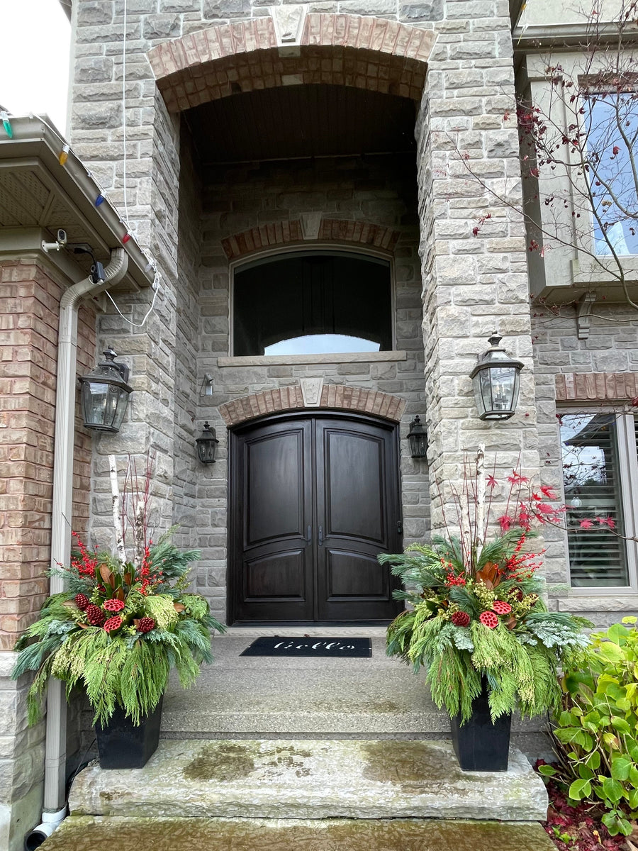 Front entrance with decorative seasonal winter planters